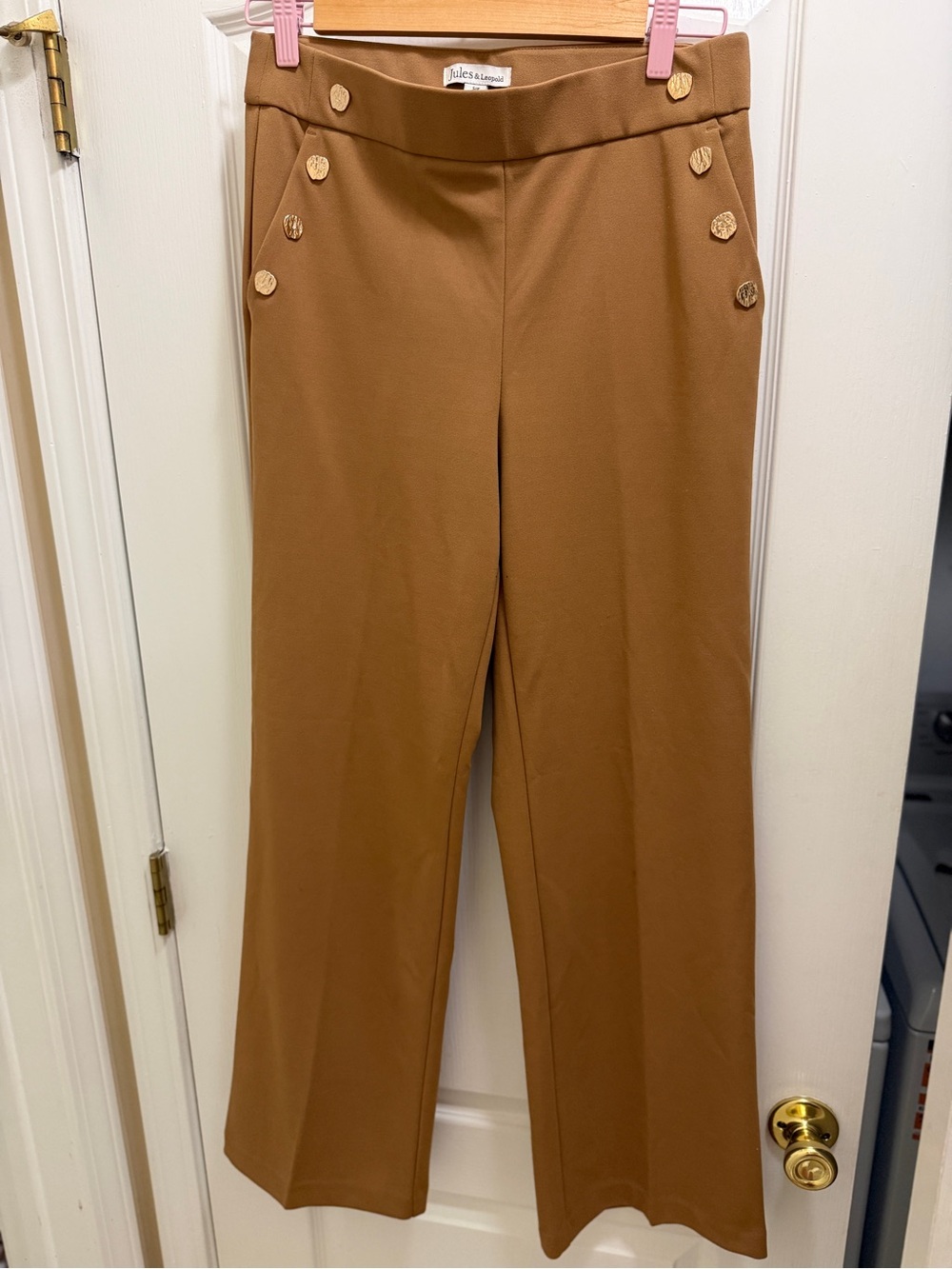 Jules & Leopold Wide-Leg High-Rise Pants in Camel Brown with Gold Buttons